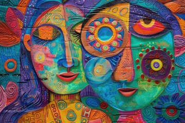 colorful and abstract mural showcasing multiple human faces intertwined with each other, painted in bold, vivid colors, featuring intricate patterns and a harmonious use of geometric shapes. 