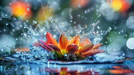 A dramatic water splash envelops a vibrant flower illustrating the harmonious dance between water and nature with droplets suspended in midair like liquid jewels  ,Generative ai, 