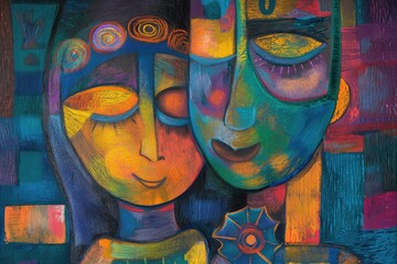 two stylized faces closely aligned, with each sporting a serene expression. 