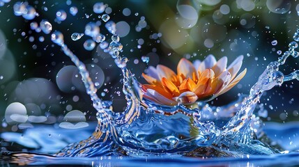Naklejka na ściany i meble A dramatic water splash envelops a vibrant flower illustrating the harmonious dance between water and nature with droplets suspended in midair like liquid jewels ,Generative ai, 