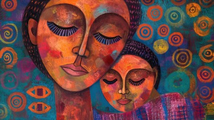 vibrant abstract painting depicts a mother and child in a warm embrace, surrounded by a melange of patterns 
