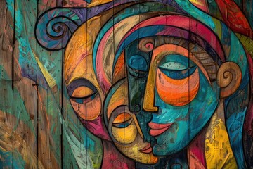 Vibrant graffiti mural of abstract faces on a wooden fence