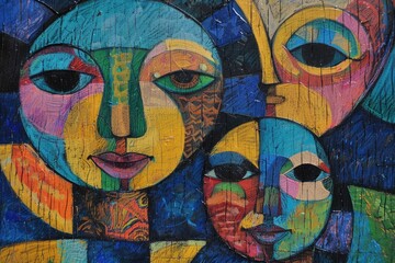 Vibrant cubist style mural depicting abstract human faces family in bold colors