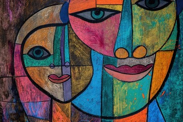 Colorful abstract mural depicting human faces on urban wall 