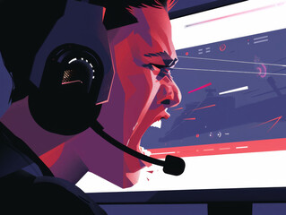 Stylized illustration of a person with a headset looking intensely at a computer screen, with a dynamic, digital atmosphere.