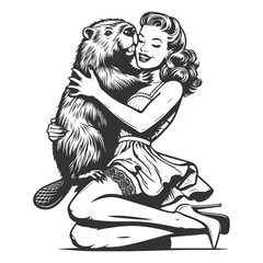 Pin-up beautiful girl hugs beaver sketch engraving generative ai fictional character vector illustration. Scratch board imitation. Black and white image.