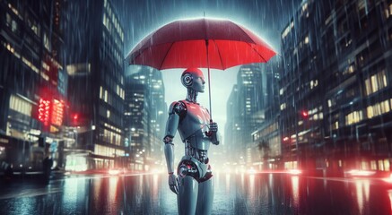 Robot with umbrella illustration - obrazy, fototapety, plakaty