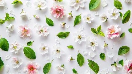 Lovely spring flowers and leaves on white background with negative space ,Generative ai, 