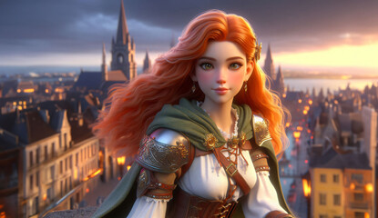 Brave redhead girl in warrior clothes game character illustration