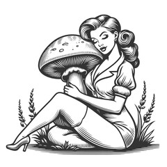 Pin-up girl hugs mushroom, infused with a whimsical, fantastical theme sketch engraving generative ai fictional character vector illustration. Scratch board imitation. Black and white image.