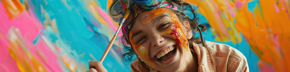 A person with cerebral palsy smiling while painting with a brush attached to a headpiece