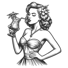 woman enjoying beach tropical cocktail adorned with a mini umbrella sketch engraving generative ai fictional character vector illustration. Scratch board imitation. Black and white image.