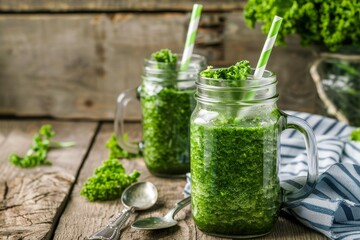 Mugs filled with green smoothie and straw on napkin with spoons