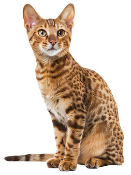Cute ocicat, sitting, front view, isolated, clipping path