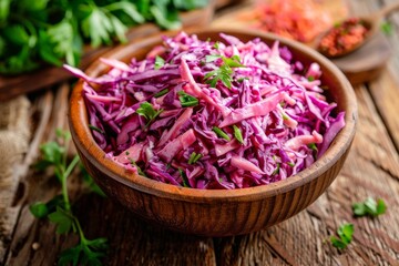 Newly made red Coleslaw portion on wood - obrazy, fototapety, plakaty