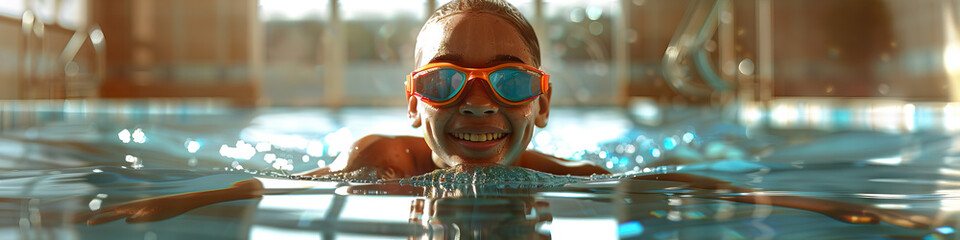 A person with a limb difference smiling while swimming in an accessible pool  - obrazy, fototapety, plakaty