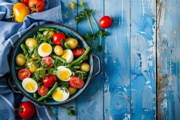 Nicoise salad in rustic dish on blue picnic setting with above view