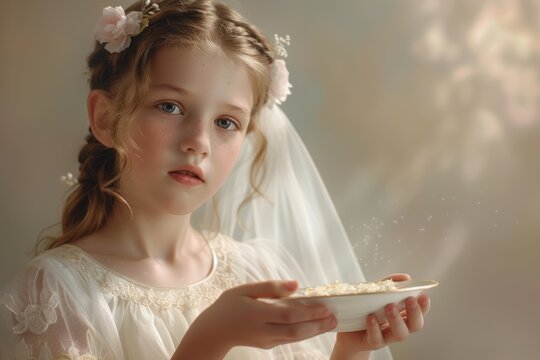 A young blond girl wearing a white dress and holding a bowl in her communion