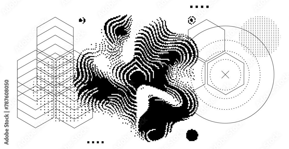 Poster Abstact grunge sci-fi background with geometic pixelated figures and patterns.