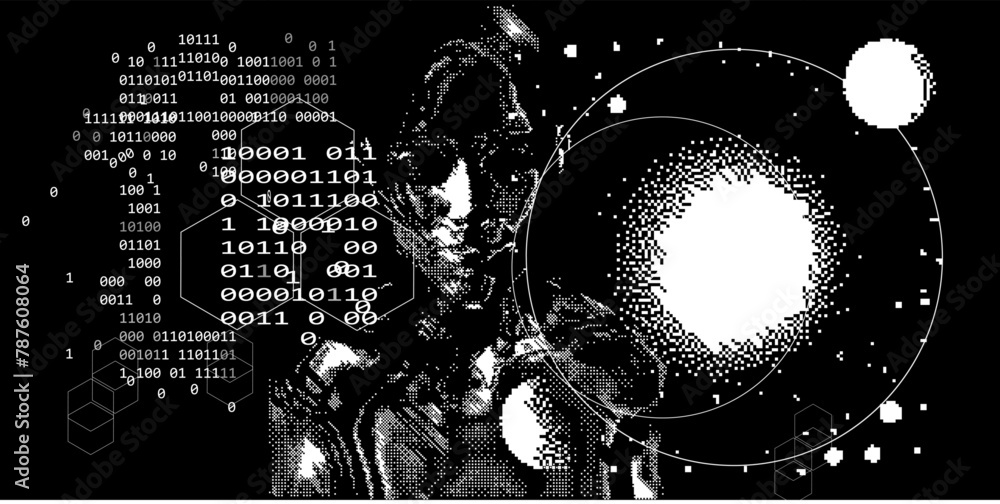 Aufkleber Futuristic composition of hexagon shapes, pixel art glitches and geometrical forms on a dark background. Abstract illustration on the theme of science and technology.