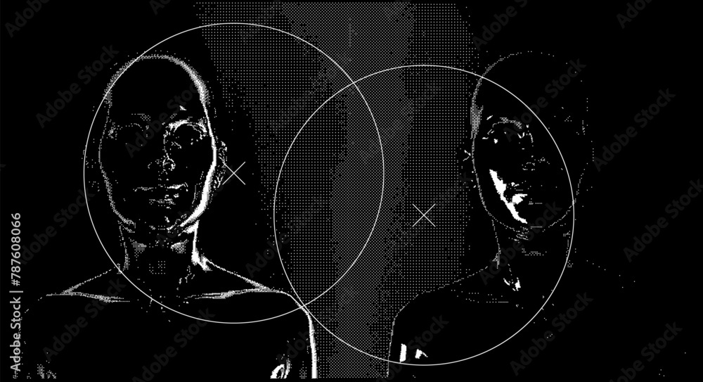 Aufkleber futuristic composition of hexagon shapes, pixel art glitches and geometrical forms on a dark backgro