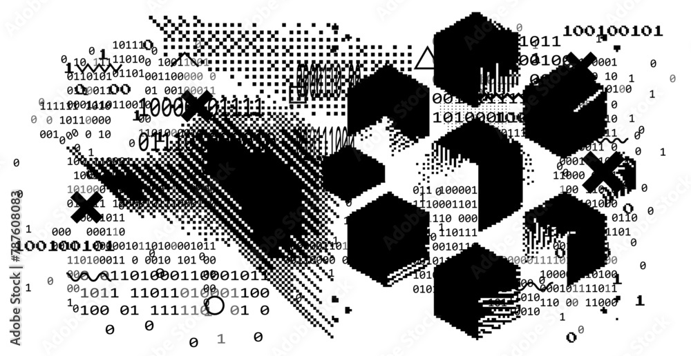 Aufkleber Futuristic composition of hexagon shapes, pixel art glitches and geometrical forms on a dark background. Abstract illustration on the theme of science and technology.