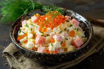 Olivier salad with ham and red caviar served in Russian style