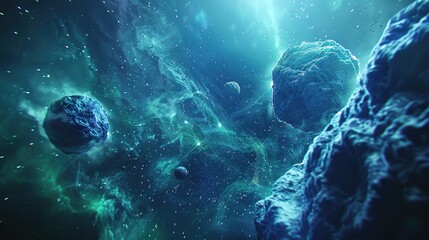 3d render of space background, static mood, calm mood, blue is main color and green is point color, refreshing and bright mood, fresh