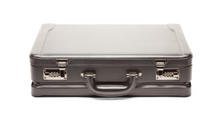 Black Leather Corporate Briefcase Isolated on Transparent Background with Shadow. Transparent PNG.