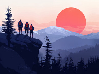 Three hikers standing on a cliff overlooking a mountainous landscape at sunrise - obrazy, fototapety, plakaty