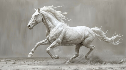 3d white strong running horse portrait  on neutral background , painting or art , cards or banners  - obrazy, fototapety, plakaty