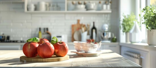 within a small white kitchen with crisp apples displayed on the table