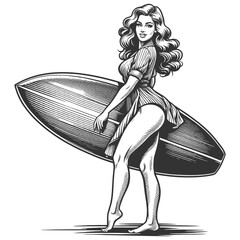 Hawaii flower pin-up girl woman with a surfboard, classic beach vibes allure of surfing culture sketch engraving generative ai fictional character vector illustration. Black and white image.