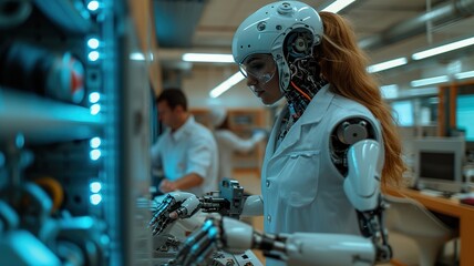 Artificial intelligence science development engineer working on robotic arm connection and control at electronic futuristic research laboratory. Smart technician woman maintenance AI machine workshop