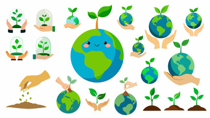 World earth day symbol set. Earth day eco organic concept bundle. Earth day emoji smiley. Happy planet, green sprout. Earth day globe logo. Human hand sow seeds nature care arm on white background