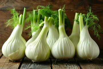 Organic fennel bulbs for cooking on wooden background