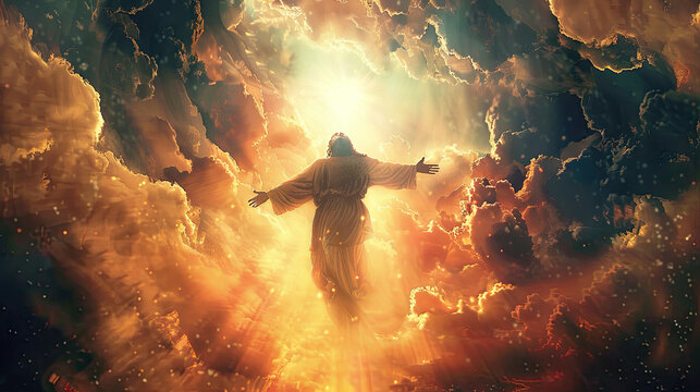 Jesus Christ ascending to heaven above the bright light sky and clouds  Lost gods, mythology concept, Painting for Christmas concept and book cover ideas
