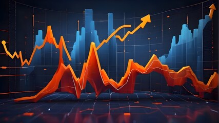 An array of charts depicting upward trajectories in the financial stock market, with trend lines and arrows indicating positive growth, set against a backdrop of dynamic blue, orange, and red hues.  - obrazy, fototapety, plakaty
