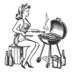 Pin-up girl woman cooking on barbecue bbq grill sketch engraving generative ai fictional character vector illustration. Scratch board imitation. Black and white image.