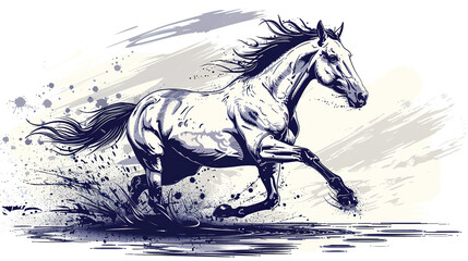 textured painting of black sketch of horse , running fast effect with paint brush rough strokes on white  background, with space for text , card, banners, portraits 
