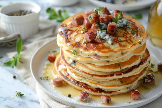 Pancakes with sausage and blue cheese on plate with napkin on marble