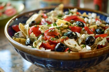Pasta salad with feta roasted peppers Swiss cheese olives artichokes pesto and oil - obrazy, fototapety, plakaty