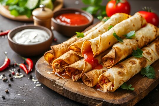 Pile of chicken taquitos with hot sauce and sour cream in kitchen or restaurant