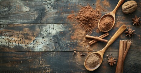 Powder on an old wooden table with cinnamon sticks and a wooden spoon - Powered by Adobe