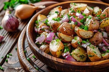 Potato salad with red onion and chives - obrazy, fototapety, plakaty