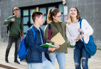 Carefree teenage friends friendly talking near college building after lessons in sunny day