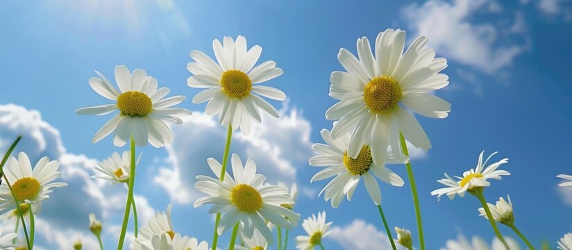 White daisies set against a blue sky.