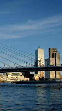 Rotterdam cityscape and Erasmus bridge over Nieuwe Maas on sunset. Rotterdam, Netherlands. Camera pan