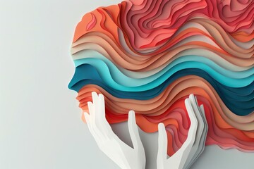 alzheimers and epilepsy disorder concept brain waves and hands holding head paper art - obrazy, fototapety, plakaty