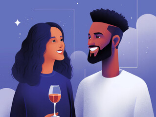 An illustration of a smiling man and woman, the woman holding a glass of wine, with a stylized night sky background.